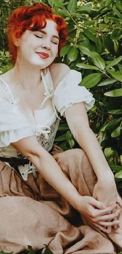 Woman in vintage dress sitting outdoors among greenery.