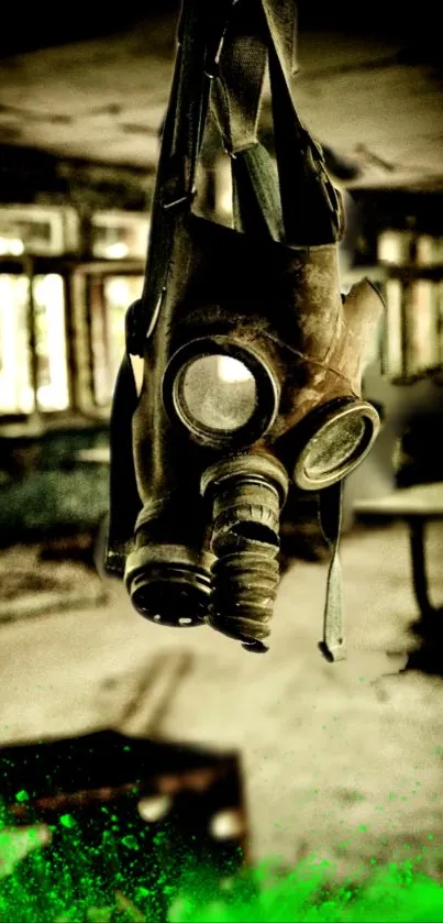 Vintage gas mask in dimly lit room with green accents.