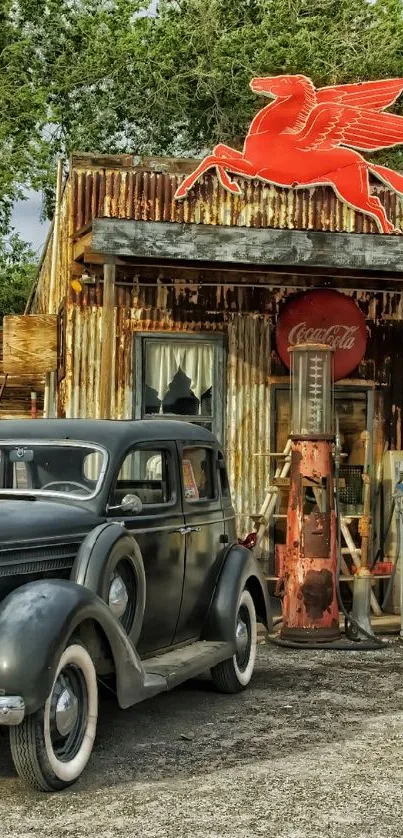 Vintage car at an old gas station with nostalgic signs.