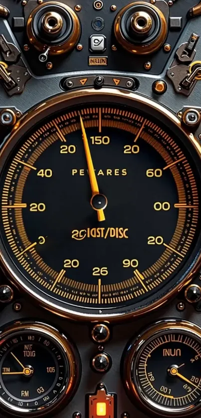 Vintage gauge clock with steampunk elements and metallic details.