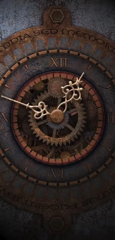 Intricate vintage clock with gears and Roman numerals in steampunk style.