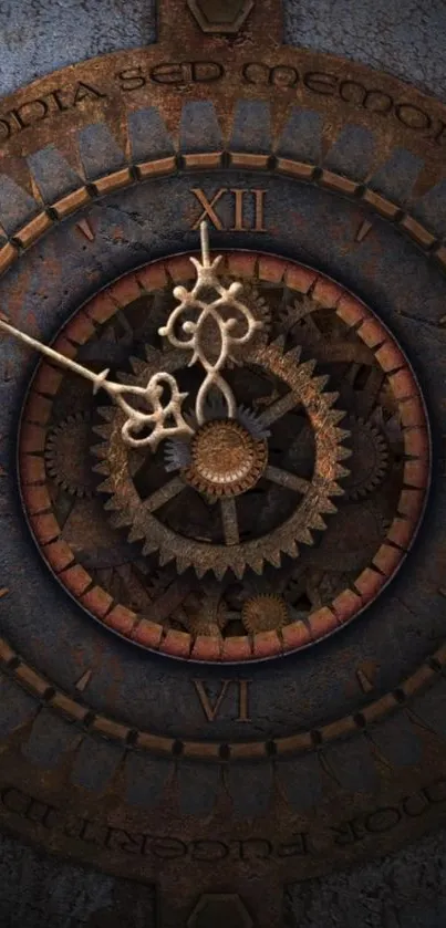 Intricate steampunk clock with gears and Roman numerals in bronze tones.