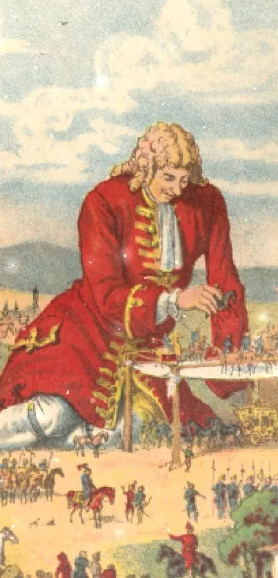 Vintage illustration of a giant in a classic setting, adorned in red clothing.