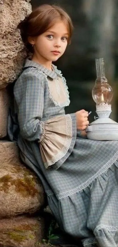 Vintage girl in classic attire holding a lamp against a textured wall.