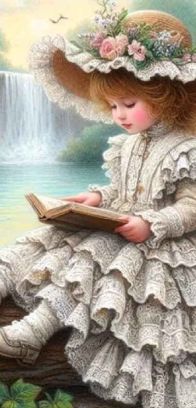 Vintage girl reading by waterfall in lace dress.