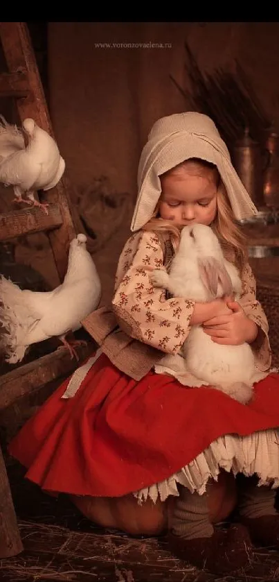 Vintage girl in red dress holding doves in rustic setting.