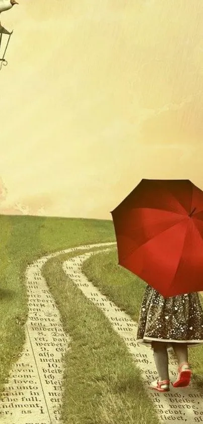 Whimsical scene with red umbrella on text-lined path.