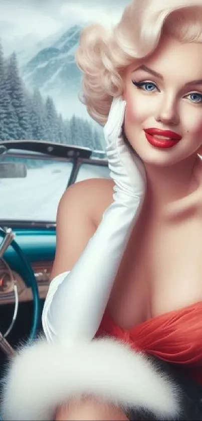 Vintage blonde in red dress in classic car with snowy mountains.