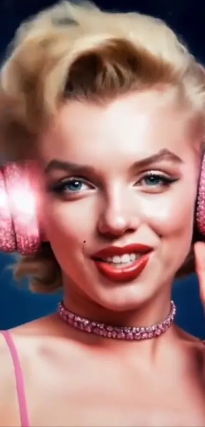 Glamorous woman with pink headphones in vintage style.
