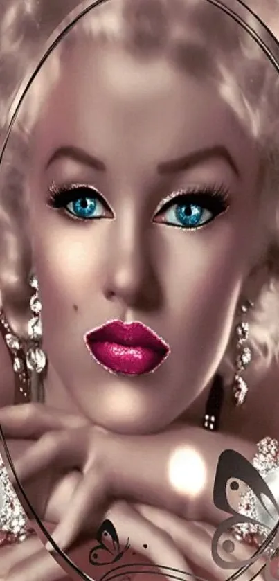 Vintage artwork featuring a glamorous woman with blue eyes and red lips.