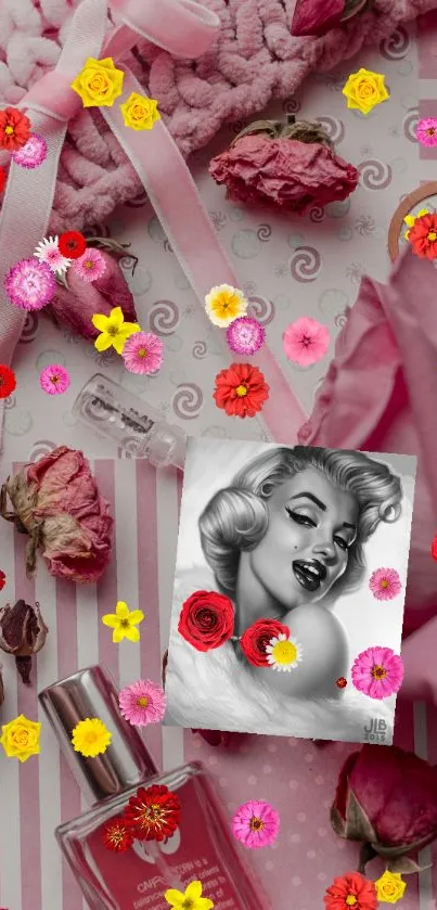 Vintage glamour floral wallpaper in pink hues with artistic design.