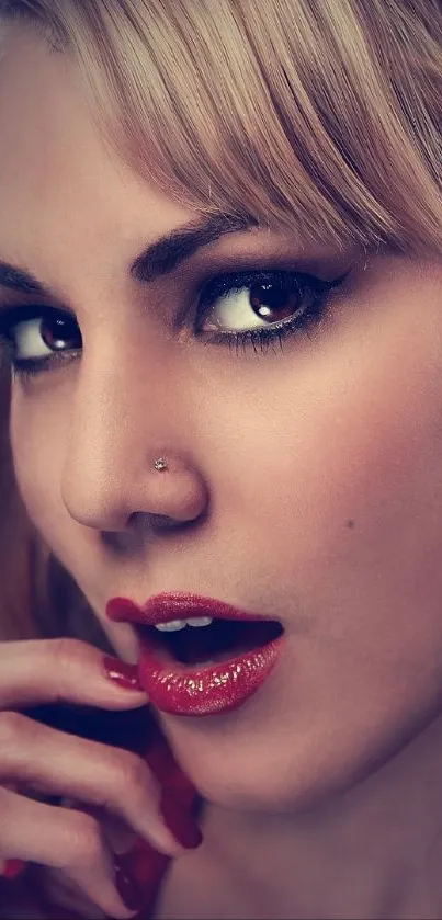 Stylish woman with retro curls and dark background on wallpaper.