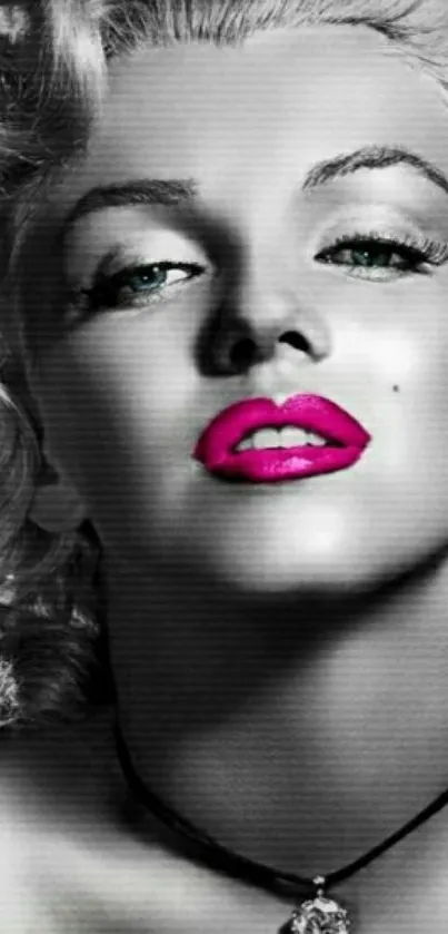 Classic black and white portrait with pink lips for mobile wallpaper.