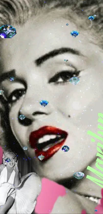 Vintage glamour pop art with gems and iconic elements in vivid colors.
