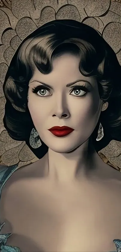 A woman in a vintage style portrait with elegant attire and vibrant colors.