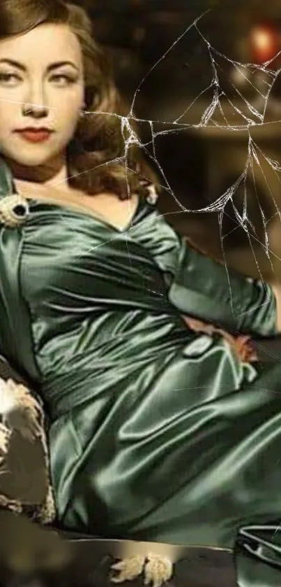 Vintage woman in green satin dress with shattered glass effect.