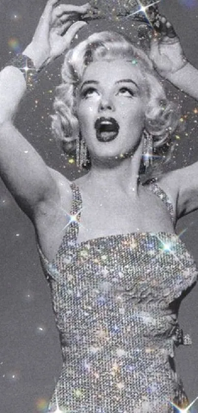 Vintage black and white glamour photo with sparkling effects.