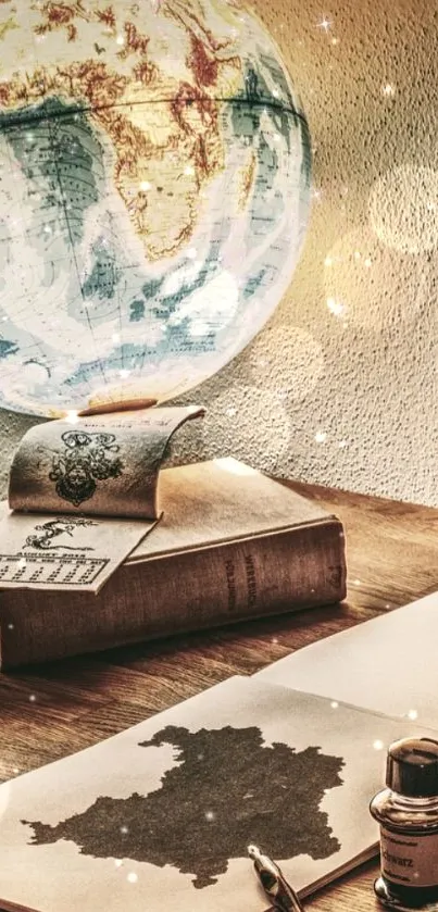 Vintage globe and historical map on a wooden desk.