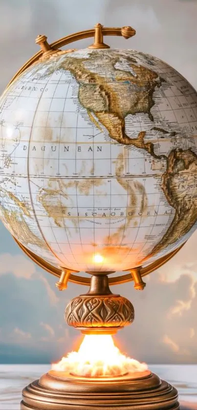 Vintage globe with warm illumination and detailed world map.