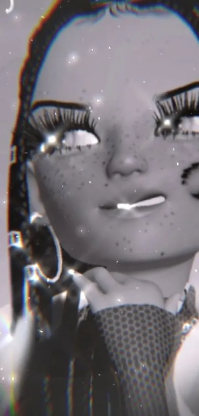 Vintage cartoon character with glowing sparkling effects, grayscale aesthetic.