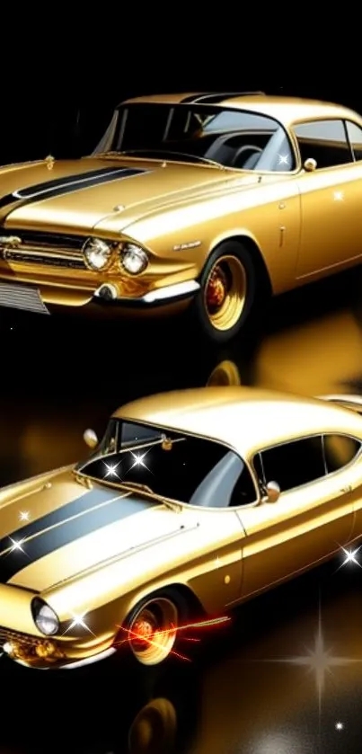 Vintage gold cars on sleek black background wallpaper.