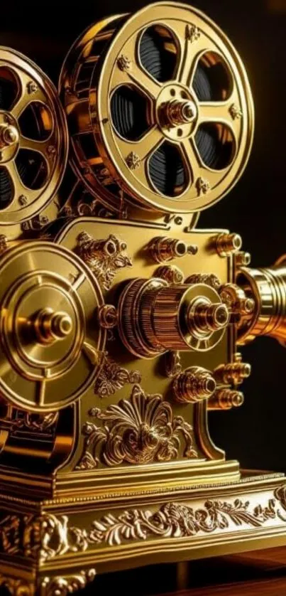 Gold vintage film projector with intricate designs.