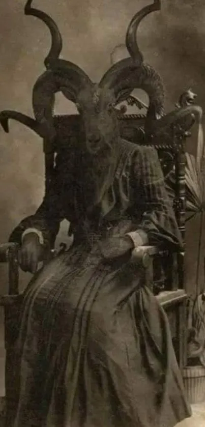 Gothic vintage horror artwork with an eerie figure on a chair.