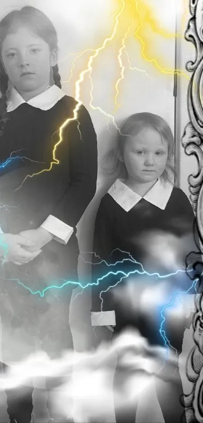 Gothic portrait of two girls with lightning and ornate designs.