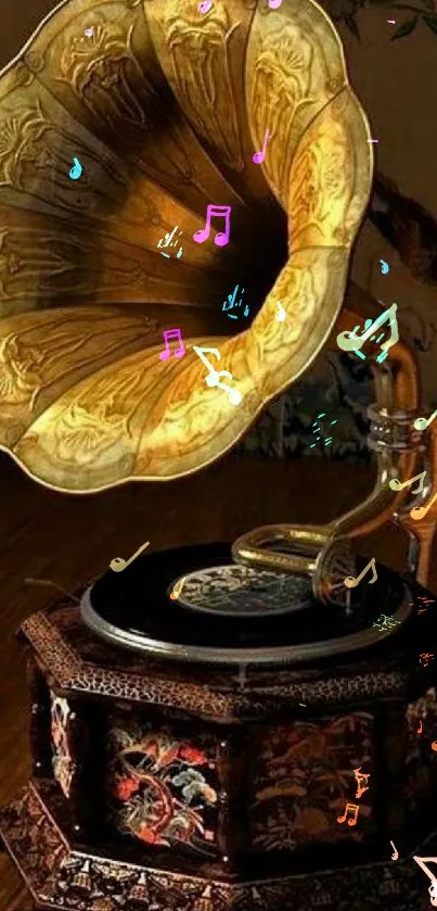 Vintage gramophone with ornate details and golden hues.