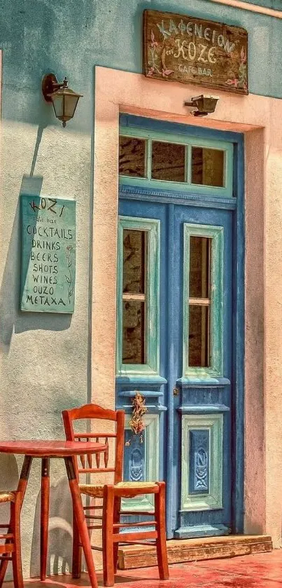 Charming Greek cafe with vibrant blue door and rustic decor.