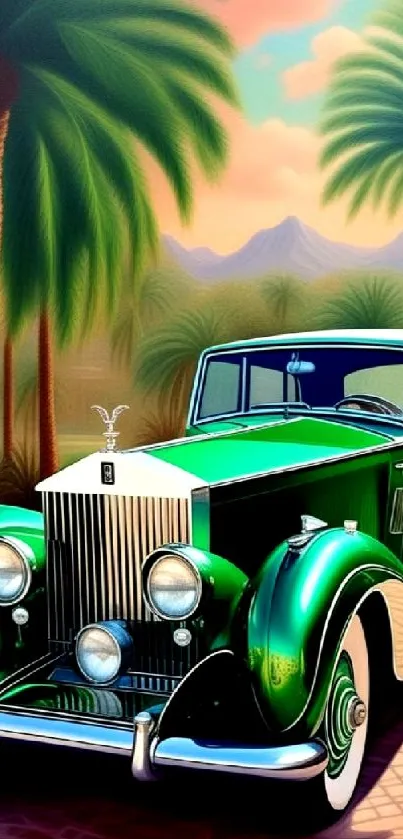 Vintage green car under palm trees and mountains.