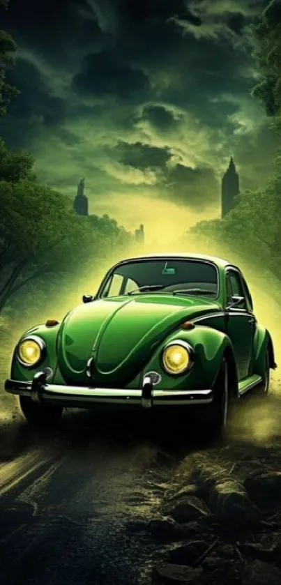 Vintage green car on a misty road with cityscape in the background.