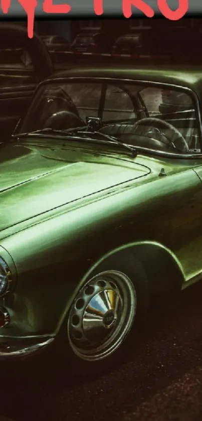 Vintage green car with retro appeal on wallpaper.