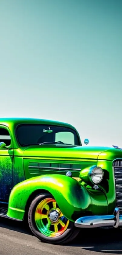 Bright green vintage car on an open road under a blue sky.