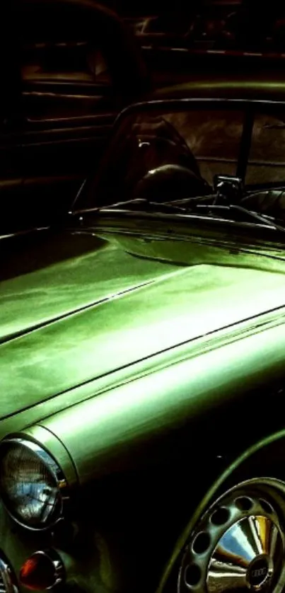 Vintage green car with a classic design, reflecting a retro vibe.