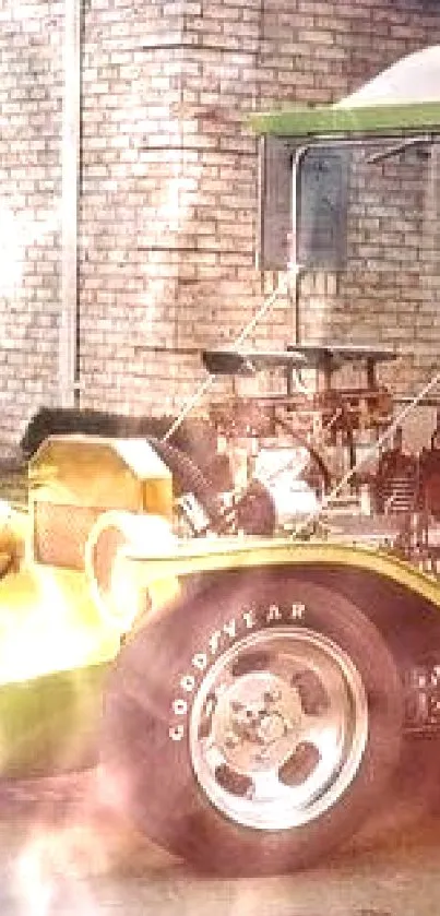 Vintage green hot rod parked by a brick building.