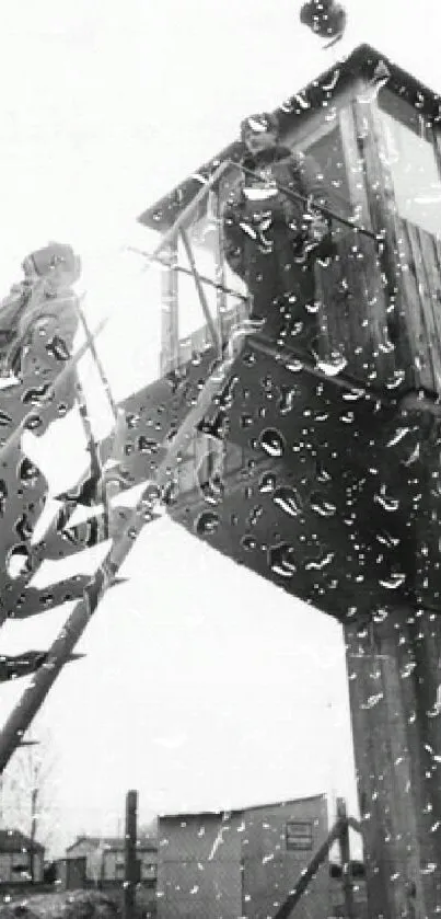 Black and white image of a vintage guard tower.