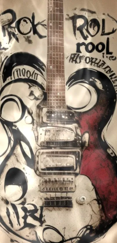 Vintage guitar with artistic graffiti on a beige background.