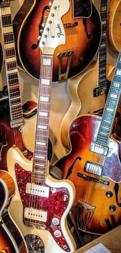 Vintage guitars in an artistic collection display.