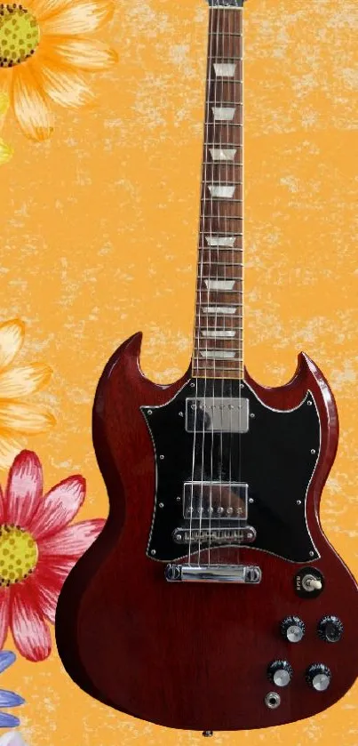 Vintage electric guitar with floral background on orange wallpaper.