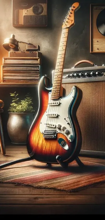 Vintage electric guitar in a cozy retro room setting with warm lighting.