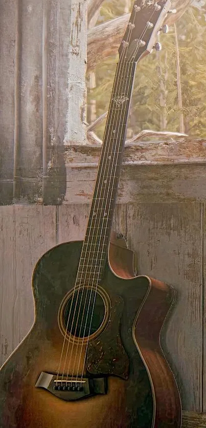 Rustic vintage guitar by an old window.