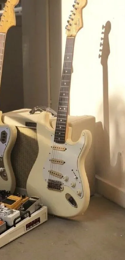 Two vintage guitars and an amp in a sunlit room.