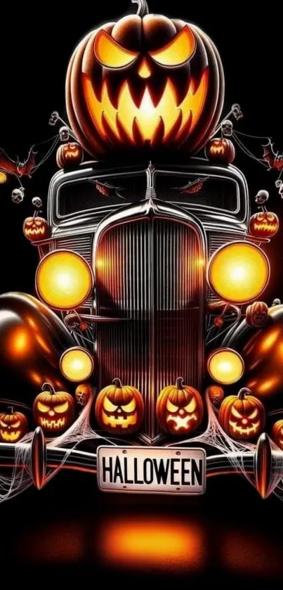 Spooky Halloween car with pumpkins and bats