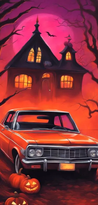 Vintage car in a spooky Halloween scene with pumpkins and a haunted house.