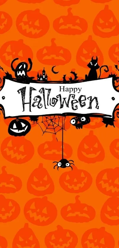 Orange Halloween wallpaper with pumpkins and spooky designs.