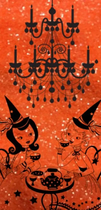 Vintage witches tea under chandelier on orange glitter background.