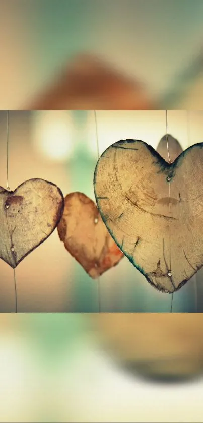 A vintage heart art wallpaper with hanging wooden hearts.