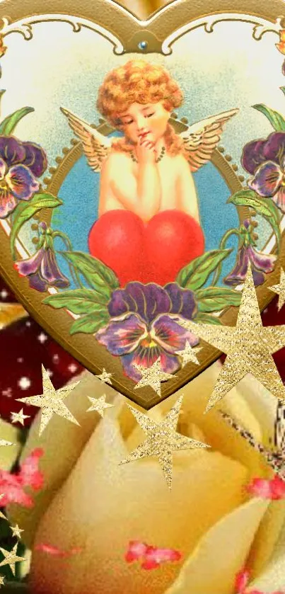 Vintage angel in heart with flowers and stars, rich gold tones.