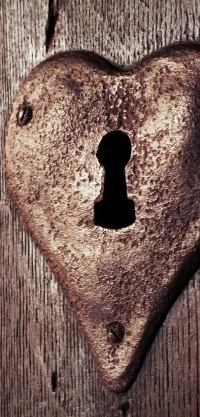 Vintage heart-shaped keyhole on wooden surface wallpaper.